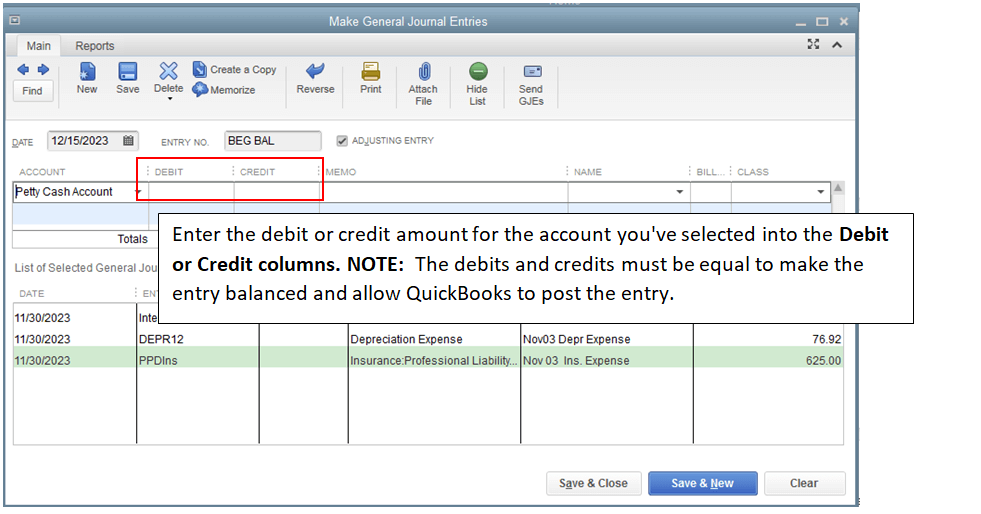 quickbooks journal entry debit credit